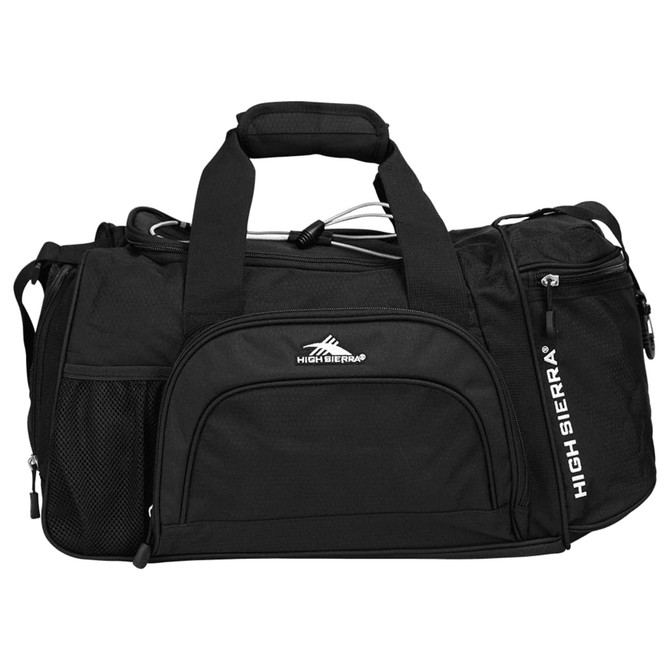 A black duffel bag with multiple compartments, straps, and a logo, designed for sports and travel.