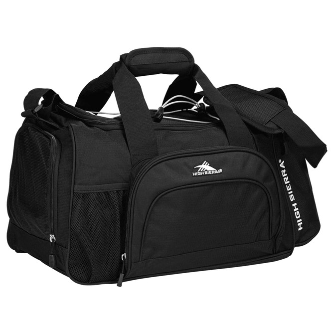 A black duffel bag featuring multiple compartments, carrying handles, and a shoulder strap, complete with a logo.