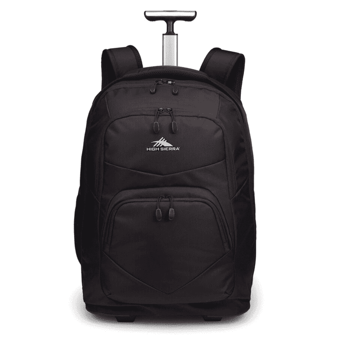 A black wheeled backpack with a retractable handle and multiple zippered compartments. Features a logo.