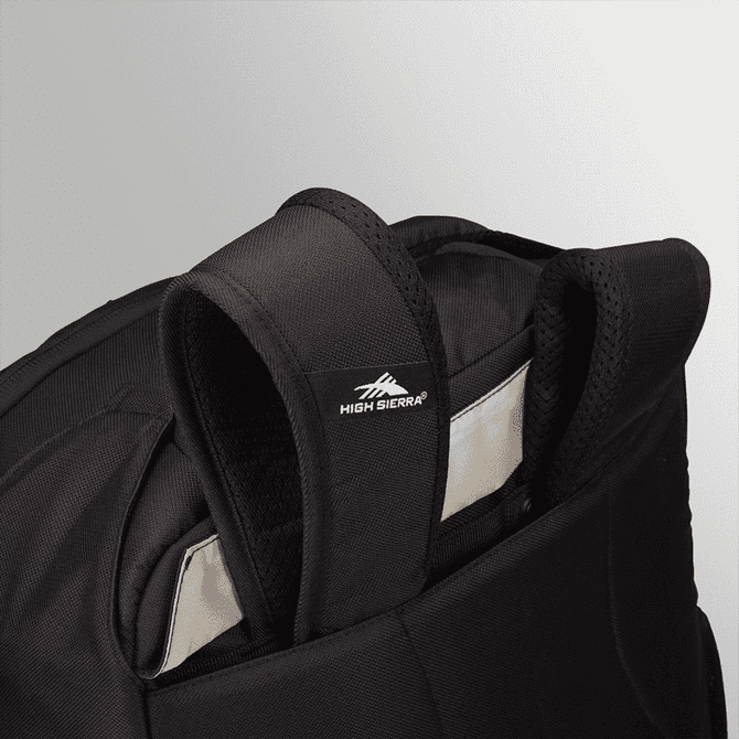 A black wheeled backpack featuring padded shoulder straps and a logo, designed for durability and comfort.