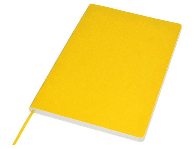 A yellow A5 notebook with a smooth cover, featuring a ribbon bookmark and a white spine.