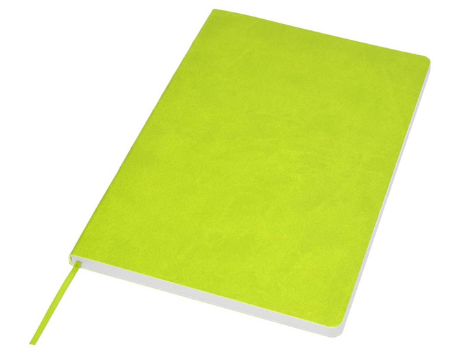 A bright green A5 notebook with a plain cover and a matching ribbon bookmark. It features a branding logo.
