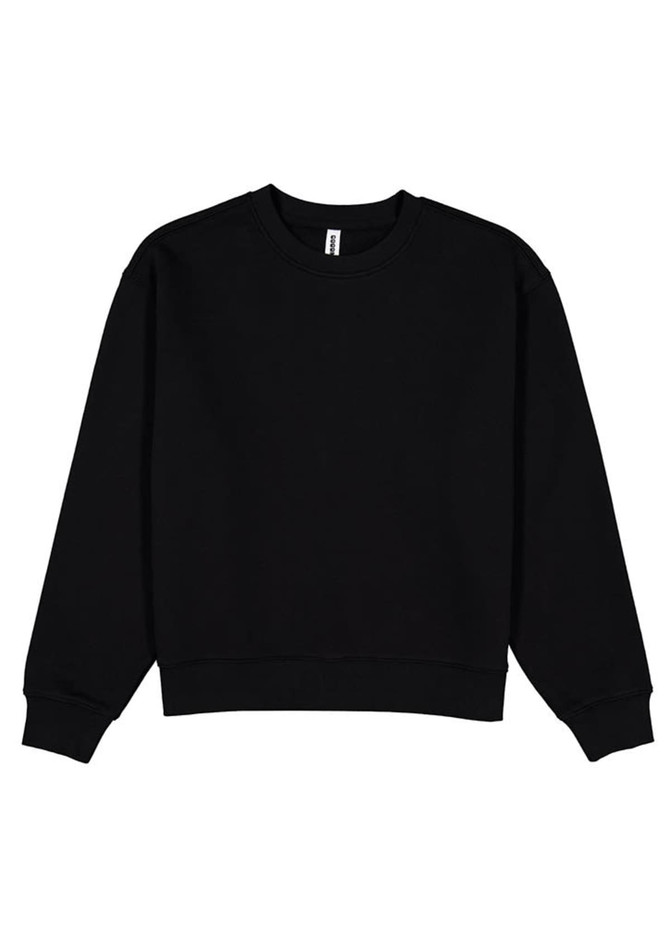 A black crew sweatshirt with long sleeves and a ribbed neckline. The garment features a logo.