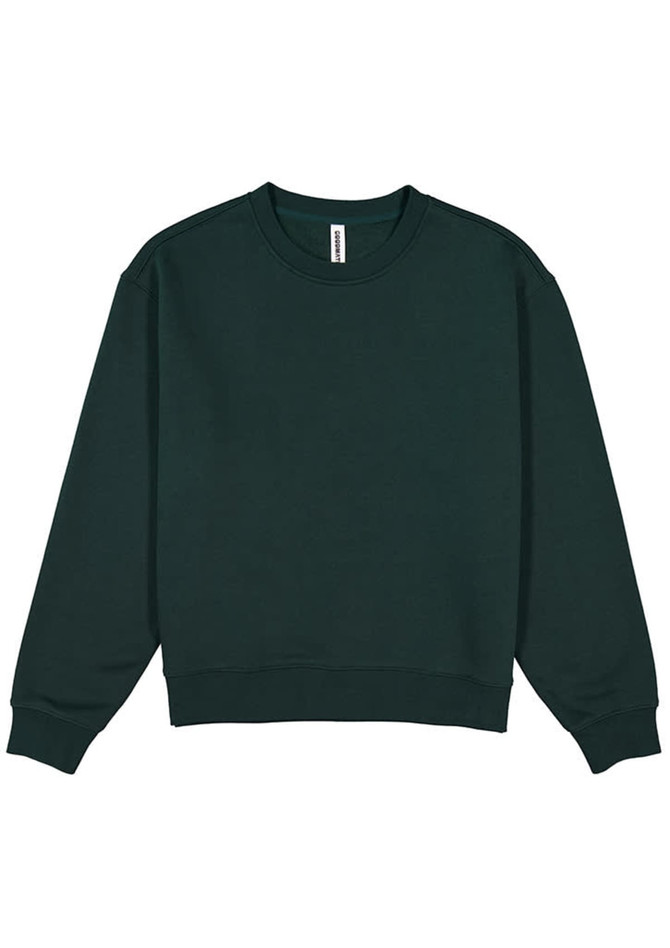 A green women's everyday crew sweatshirt with a relaxed fit and long sleeves, featuring a logo.