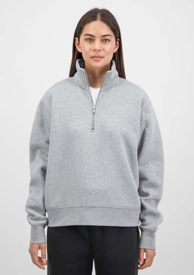 A grey women's 1/4 zip sweatshirt with a high collar and long sleeves, featuring a simple design and logo.