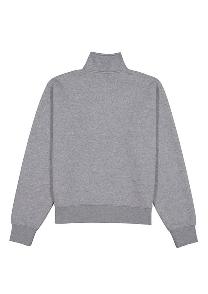 A grey women's jumper featuring a high collar and ribbed cuffs, with a plain back design.
