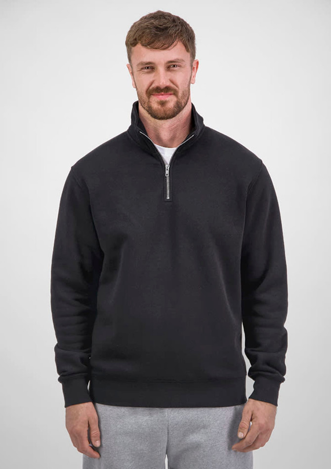 A black men's 1/4 zip sweatshirt, featuring a zippered collar and ribbed cuffs, worn by a male model.