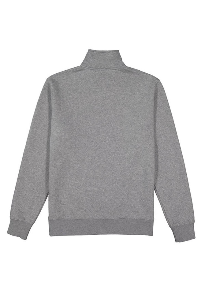 A grey 1/4 zip jumper with a high collar and ribbed cuffs, featuring a logo.