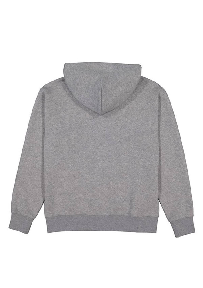 A grey women's zip hoodie featuring a hood and ribbed cuffs, with a logo on the back.