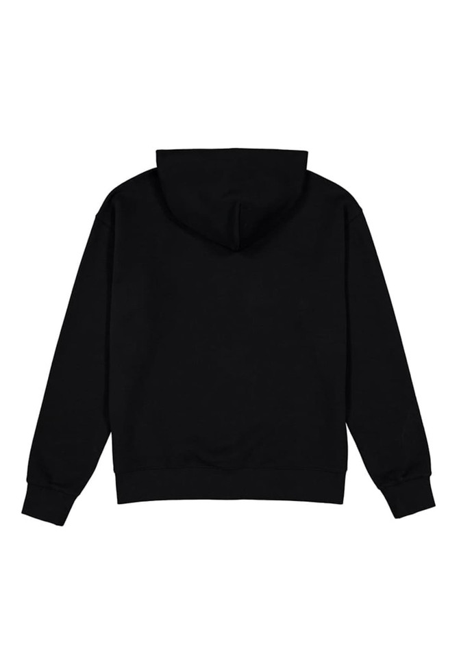 A black men's zip hoodie featuring a hood and long sleeves. The back is plain without any visible branding.