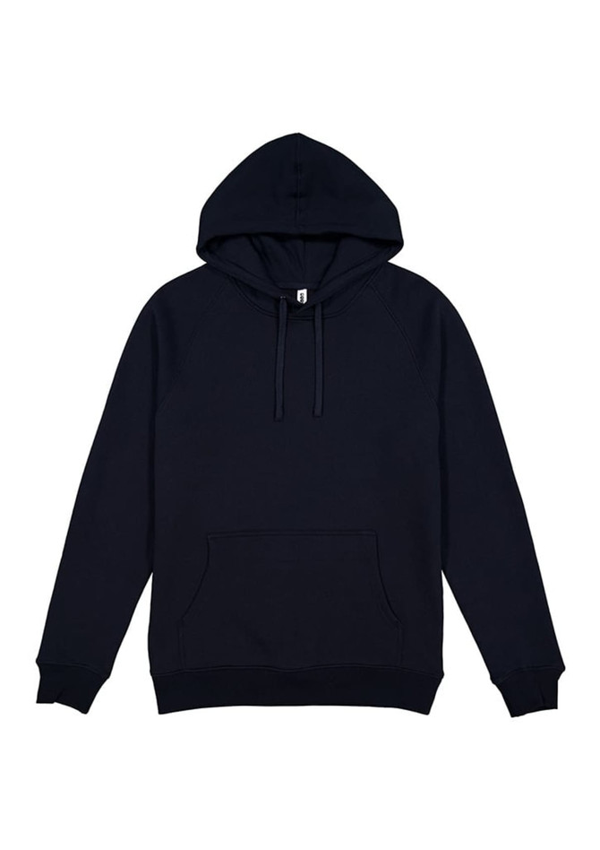 A navy blue men's everyday hoodie featuring a front pocket and a drawstring hood, with a logo present.