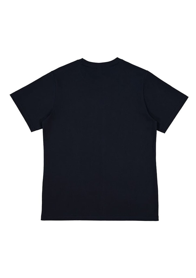 A women's short sleeve tee in navy blue with a solid back and a small logo.