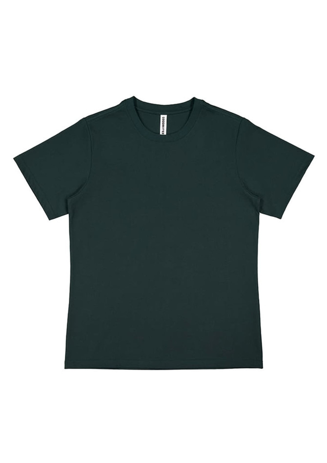 A women's short sleeve tee in dark green, featuring a simple design and a label at the neckline.