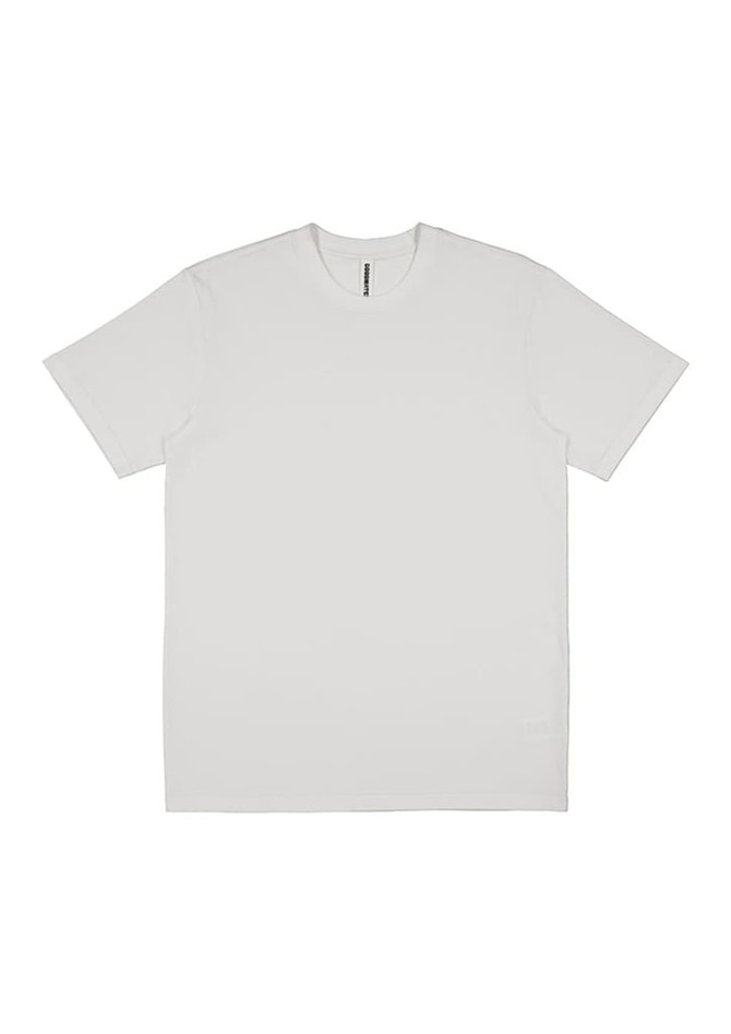 A plain white men's short sleeve tee with a simple design and a small logo.