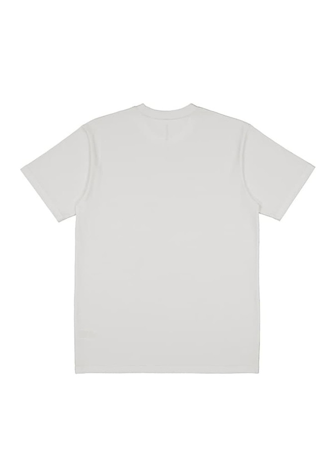 A plain white short-sleeve tee with a crew neck and a brand logo on the neckline.