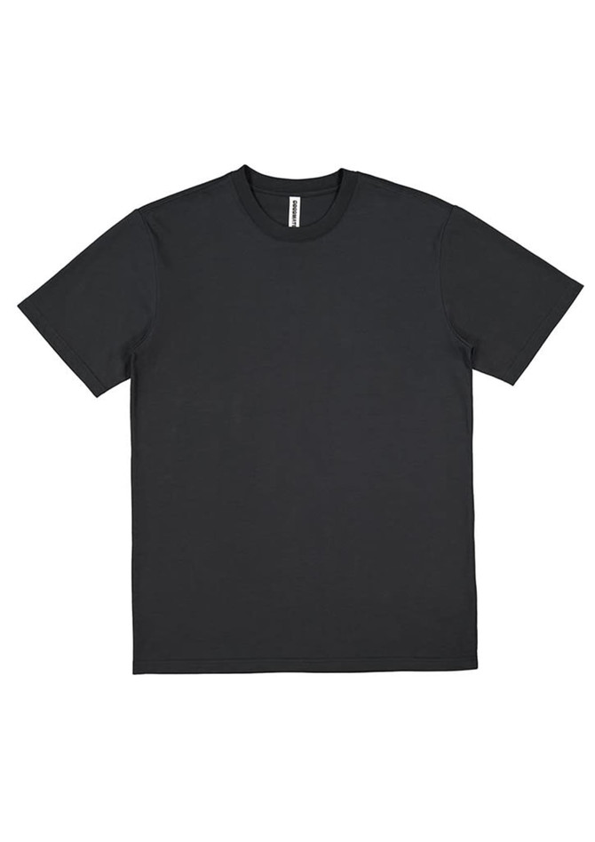 A black short sleeve tee with a crew neck and a plain design. Features a logo on the label.