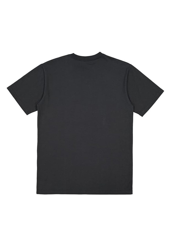 A plain black short sleeve men's t-shirt featuring a simple design and a logo on the back.