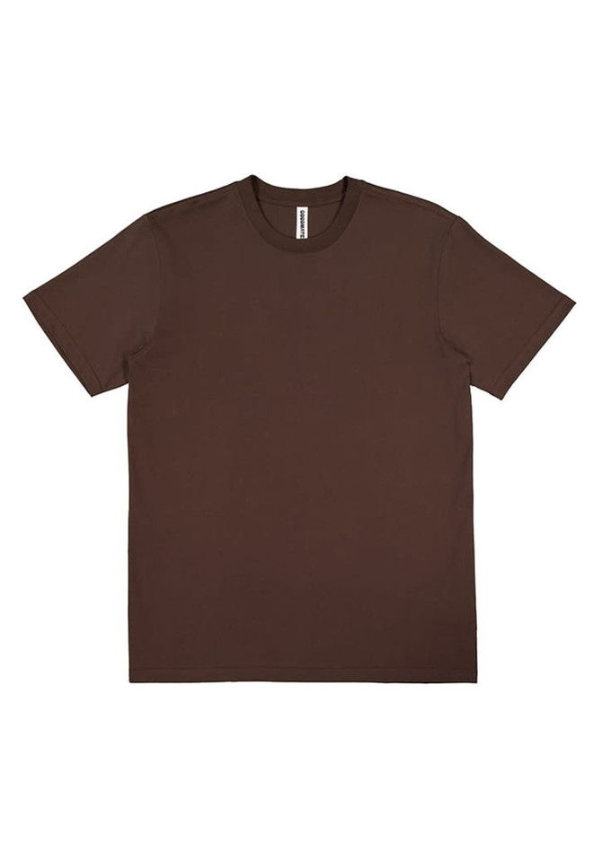 A brown men's short sleeve t-shirt with a label and no visible logos.