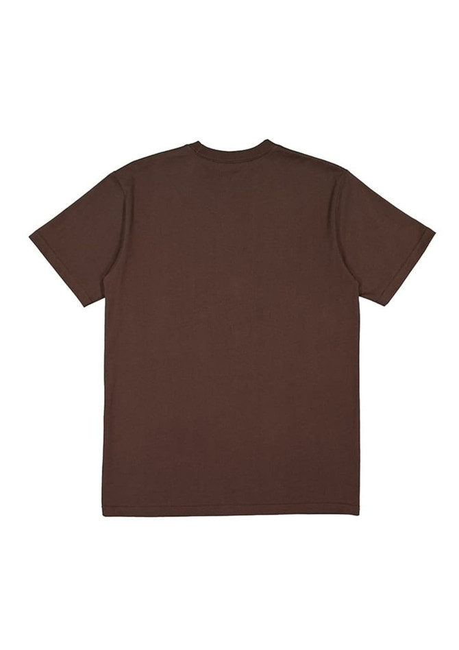 A brown short sleeve men's t-shirt with a plain back. It has a simple design and includes a logo.