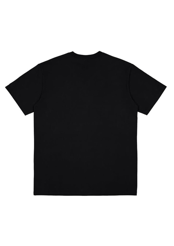 A plain black short-sleeve t-shirt featuring a logo on the back.
