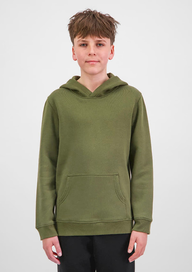 A green youth hoodie with a front pocket and a drawstring hood, featuring an applique logo.