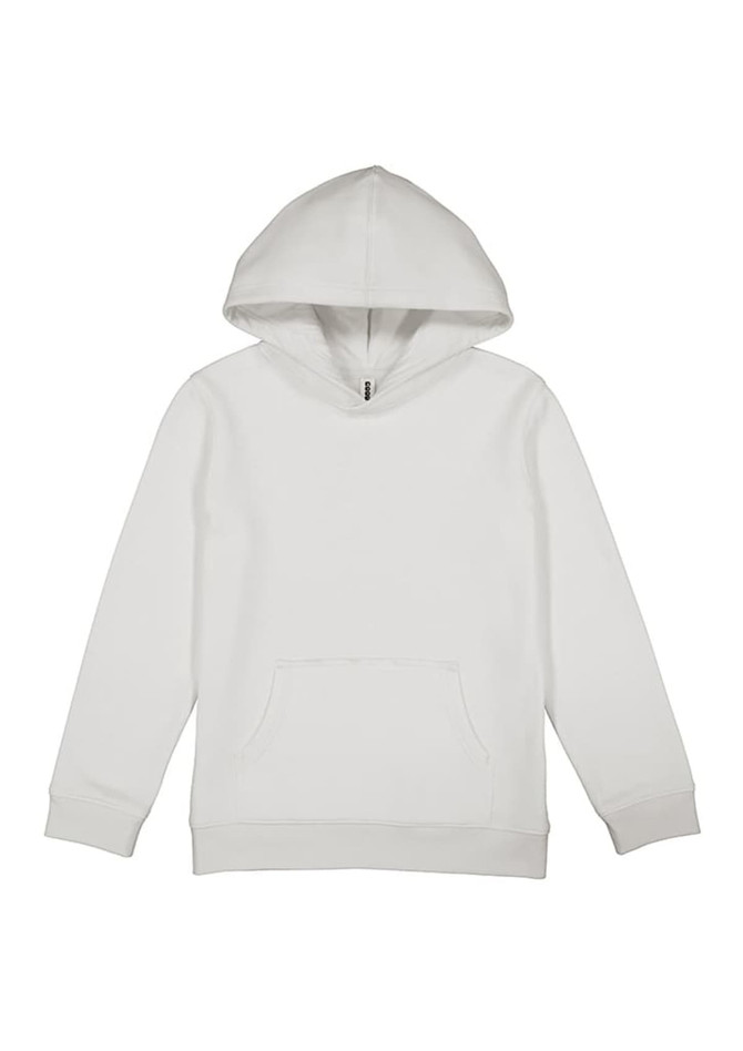 A white kids' hoodie featuring a front pocket and a drawstring hood. The hoodie includes a logo.