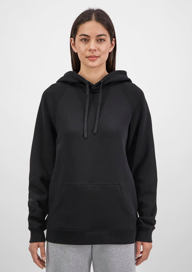 A women’s black hoodie featuring a front pocket and drawstring hood, with a logo on the front.