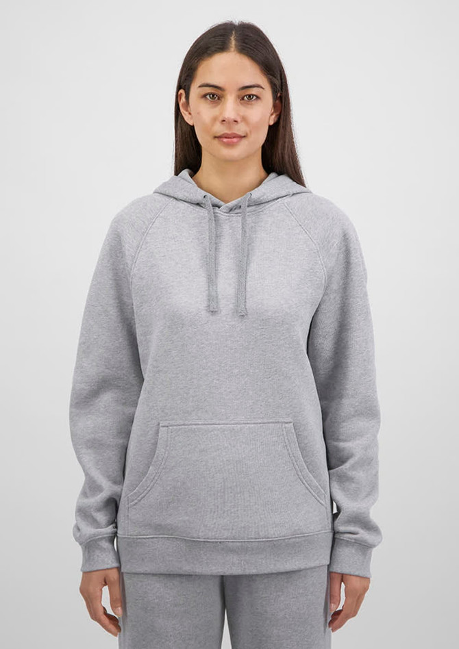 A grey women's hoodie with a front pocket and drawstring hood, featuring a logo on the sleeve.