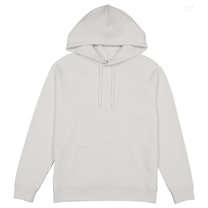 A white women's hoodie featuring a front pocket and a hood, with a logo on the garment.