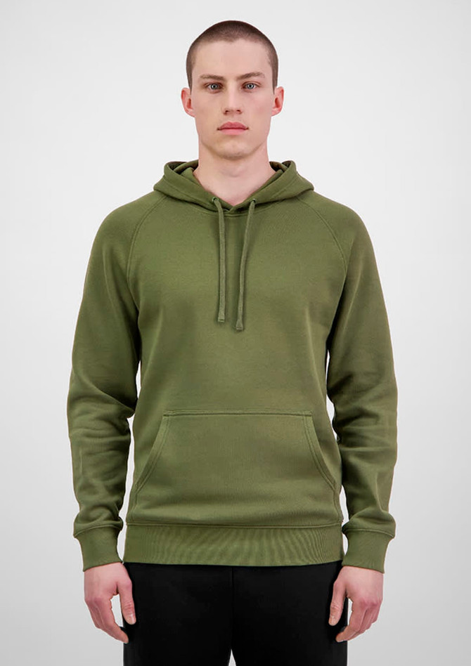 A men's olive green hoodie with a hood, front pocket, and ribbed cuffs. It has a logo on the front.