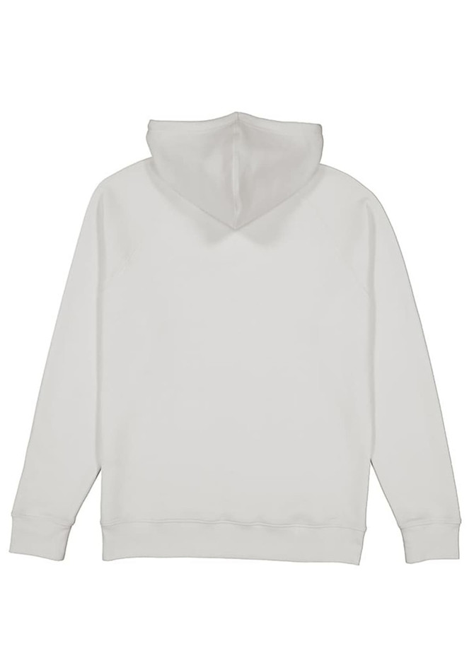 A white men's hoodie with a back view, featuring a hood and long sleeves. It has a logo on the back.