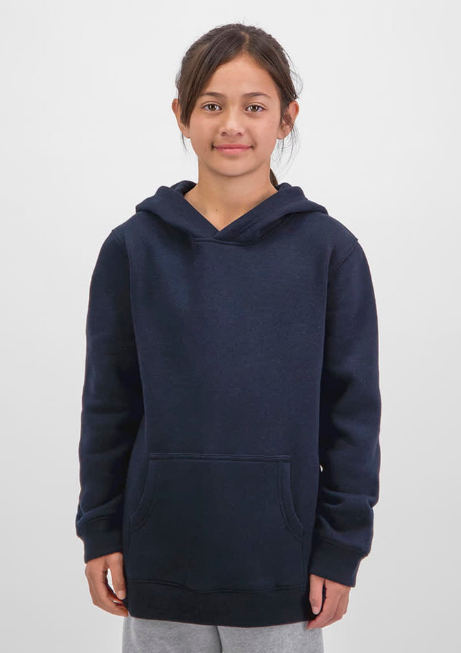 A navy hoodie for kids with a front pocket and an attached hood, displayed on a child model.
