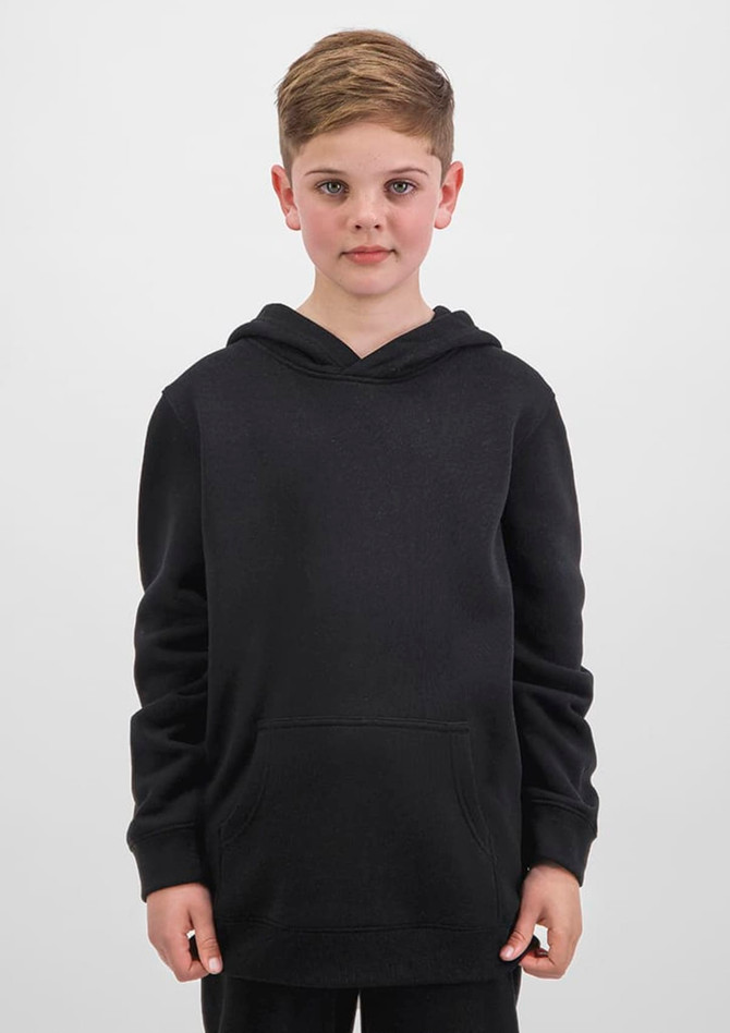 A black hoodie featuring a front pocket and a hood, modelled by a child standing against a plain background.