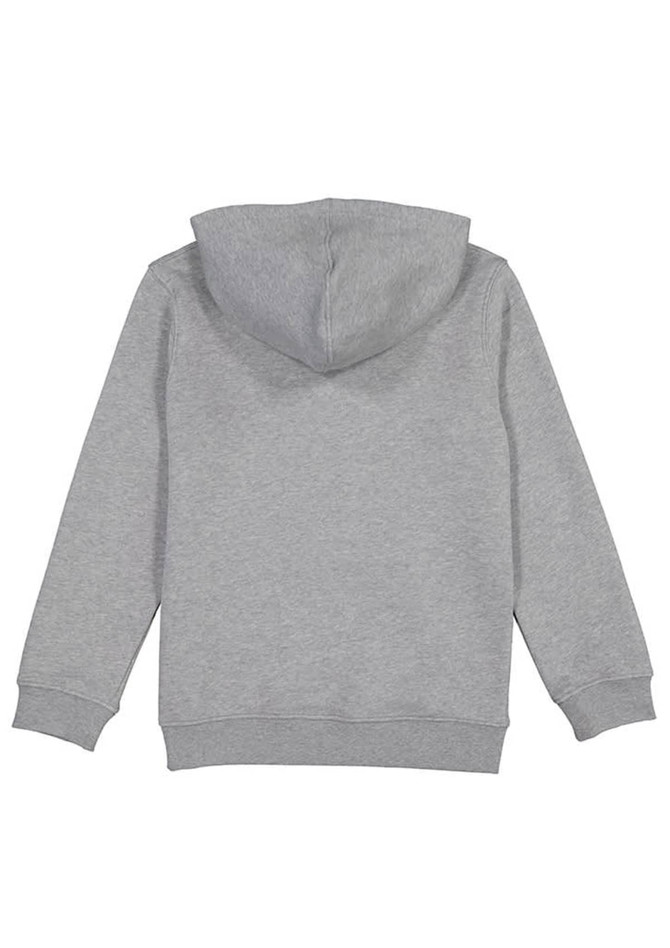 A grey Kids Basis Hoodie featuring a spacious hood and long sleeves, with ribbed cuffs and hem.