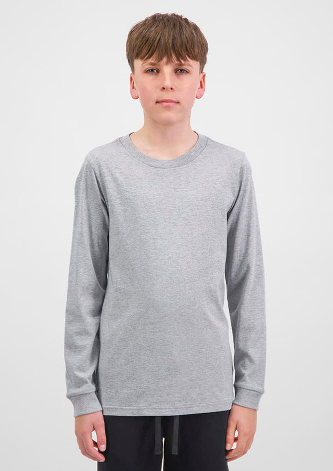 A long sleeve tee in light grey, featuring a simple design and a logo on the front.