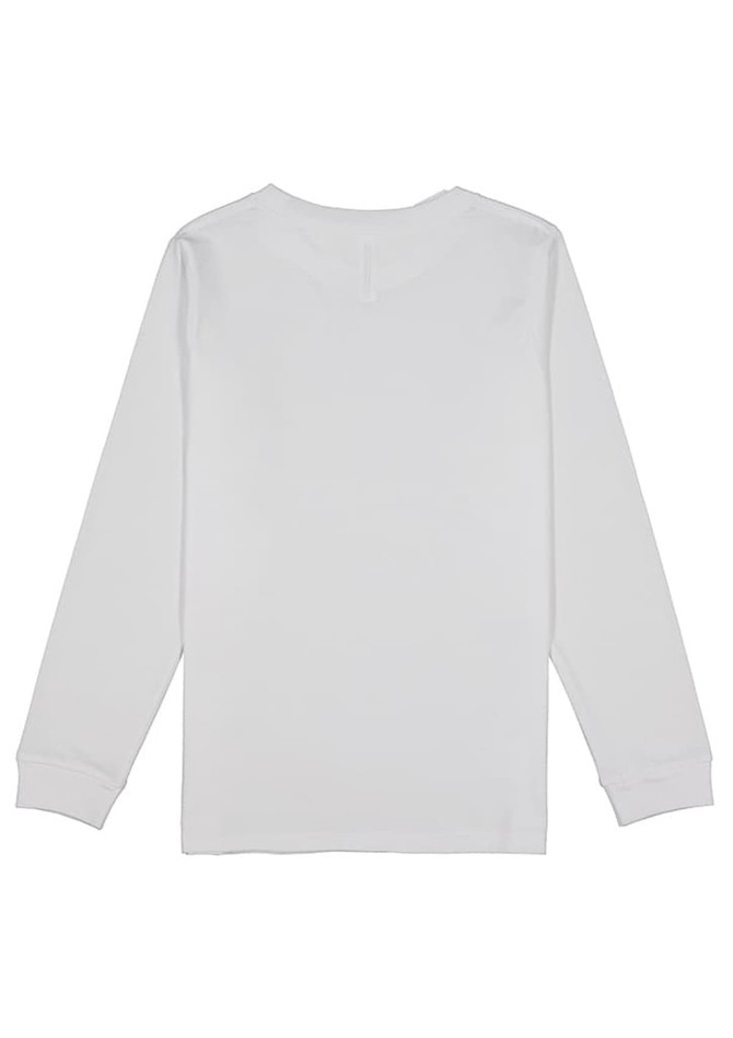 A white long sleeve tee with a simple design and no visible branding.