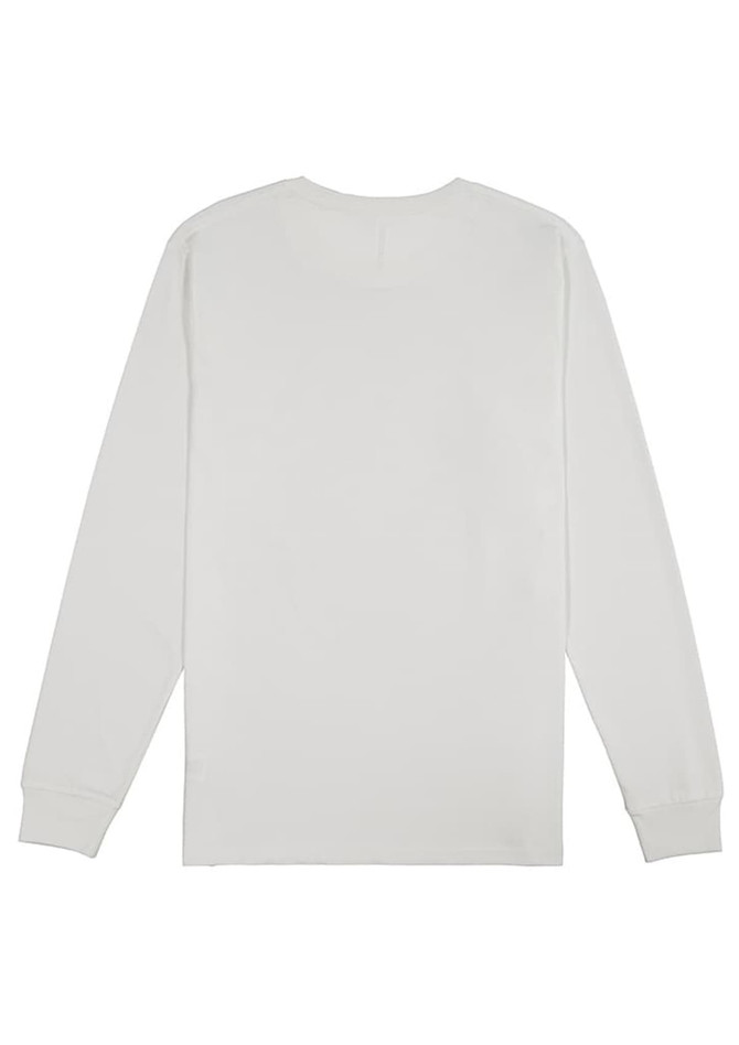 A plain white long sleeve tee featuring a crew neckline and fitted cuffs, with a logo on the back.