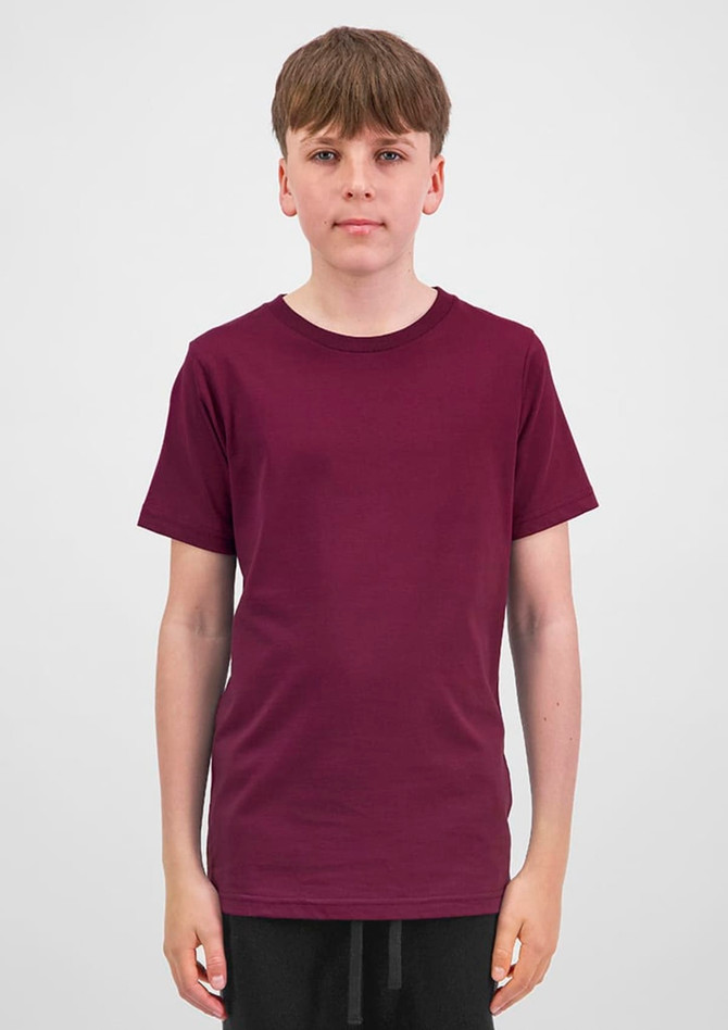 A youth short sleeve tee in burgundy with a simple design, featuring a logo on the fabric.