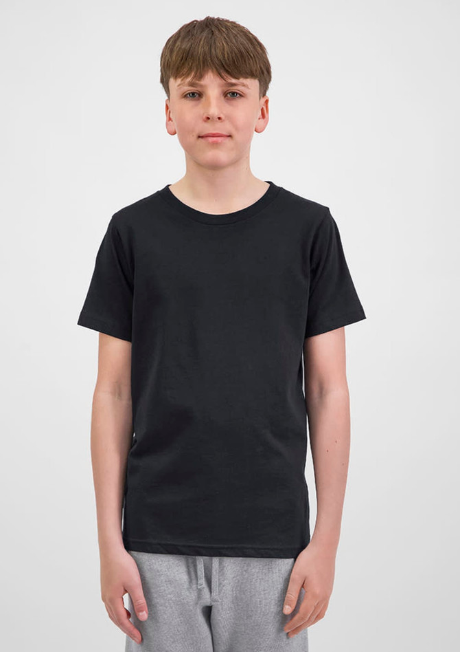 A black short sleeve tee for youth, featuring a classic round neck and a plain design.