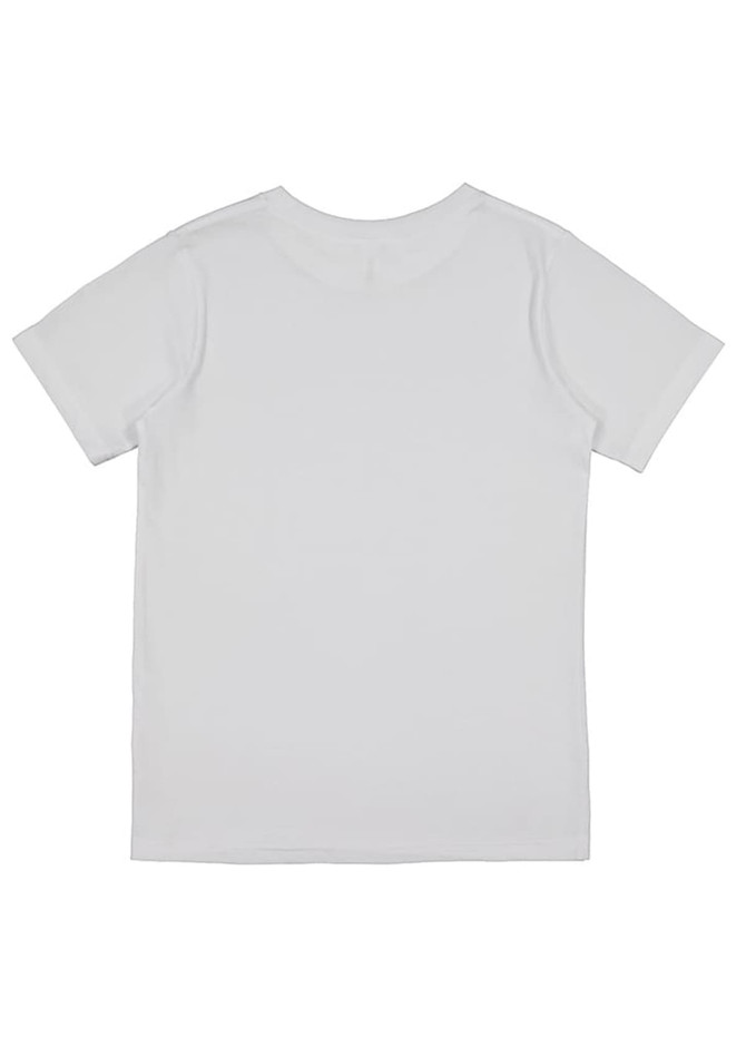 A white short sleeve tee for kids, featuring a simple design and a logo on the back.