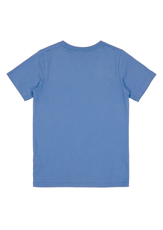 A blue short sleeve tee for kids, featuring a plain back and a subtle logo.