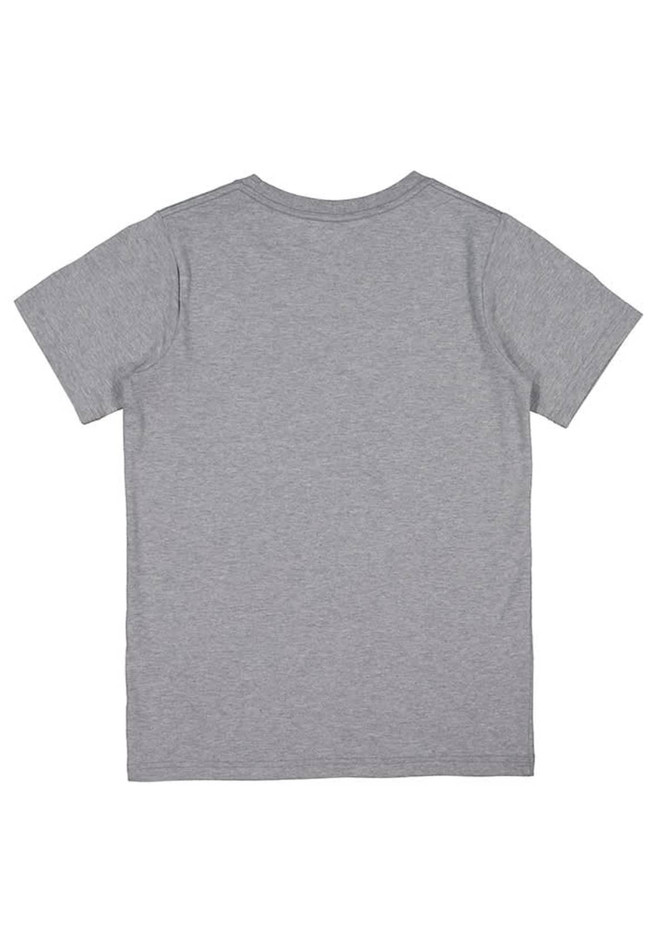 A short sleeve tee in grey with a plain back and a logo on the neck area.