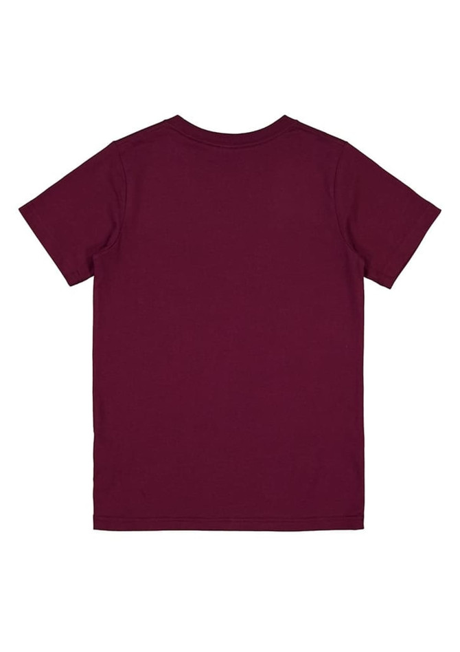 A maroon short sleeve tee featuring a plain back and a logo at the neckline. Suitable for kids.