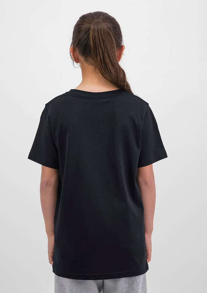 A black short sleeve youth T-shirt displayed from the back, featuring a logo.