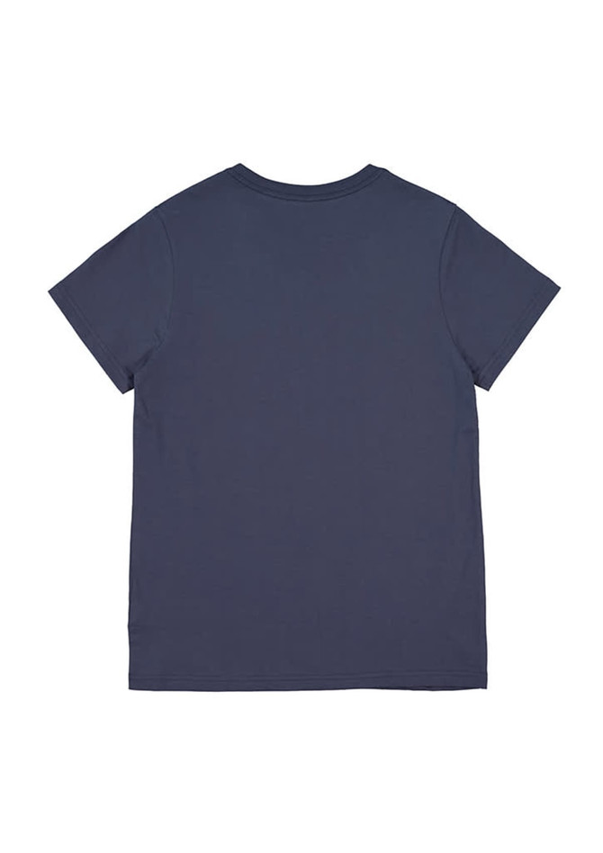 A navy blue women's short sleeve tee featuring a simple design and a logo.