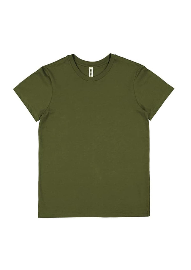 An olive green women's short sleeve T-shirt with a round neck and a logo tag.