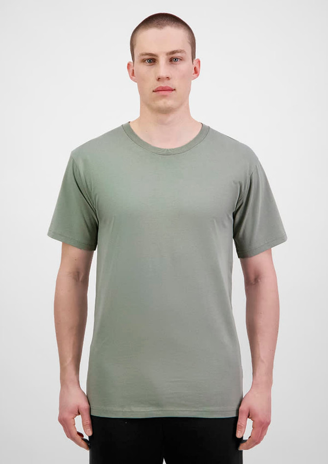A short sleeve tee in a muted green colour, featuring a basic design and a logo on the front.