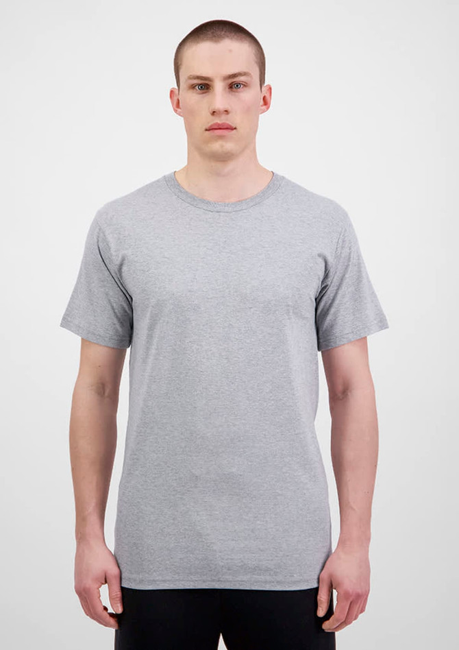 A grey short sleeve men's t-shirt with a crew neck and a simple design, featuring a logo.
