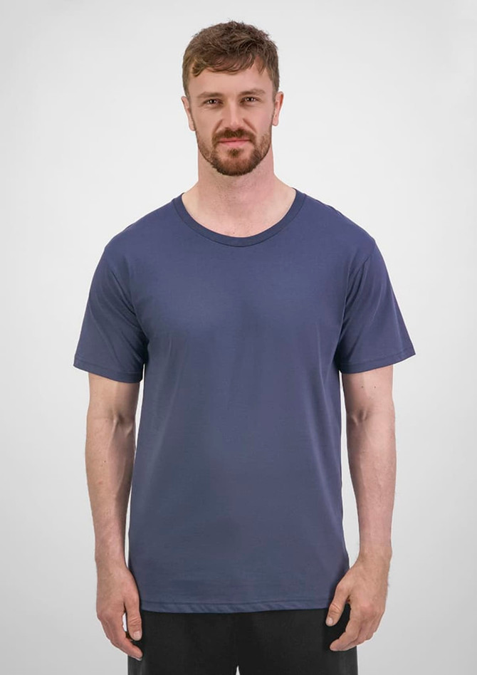 A plain navy short sleeve tee for men, featuring a round neck and a simple design. It has a logo on the front.