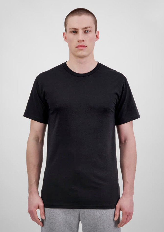 A black short sleeve tee displayed on a male model, standing against a plain background. It features a logo.